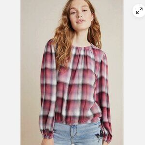 Anthropologie Cloth & Stone Glacier Plaid Long Sleeve Blouse | Size Medium